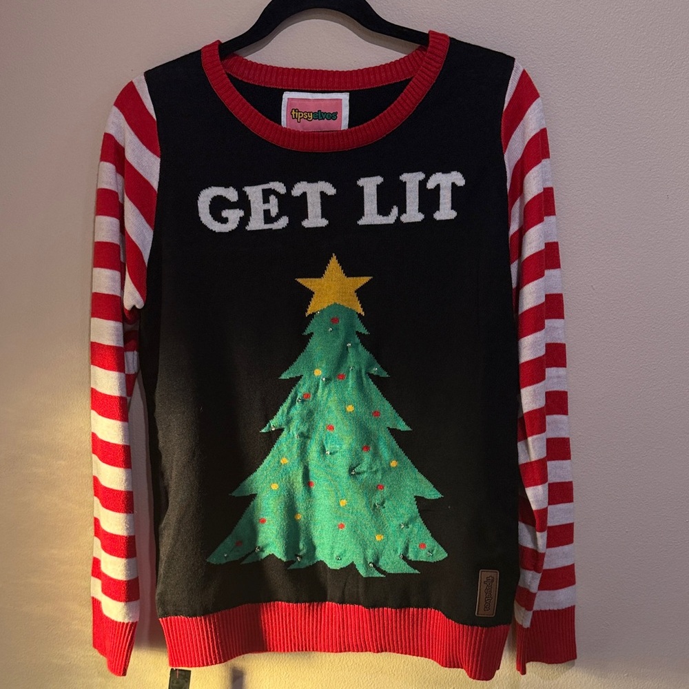 Tipsy Elves Red and Black Ugly Sweater with Christmas tree which lights up